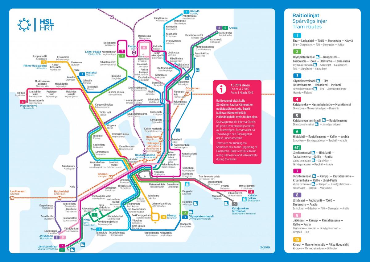 Helsinki tram stations kaart